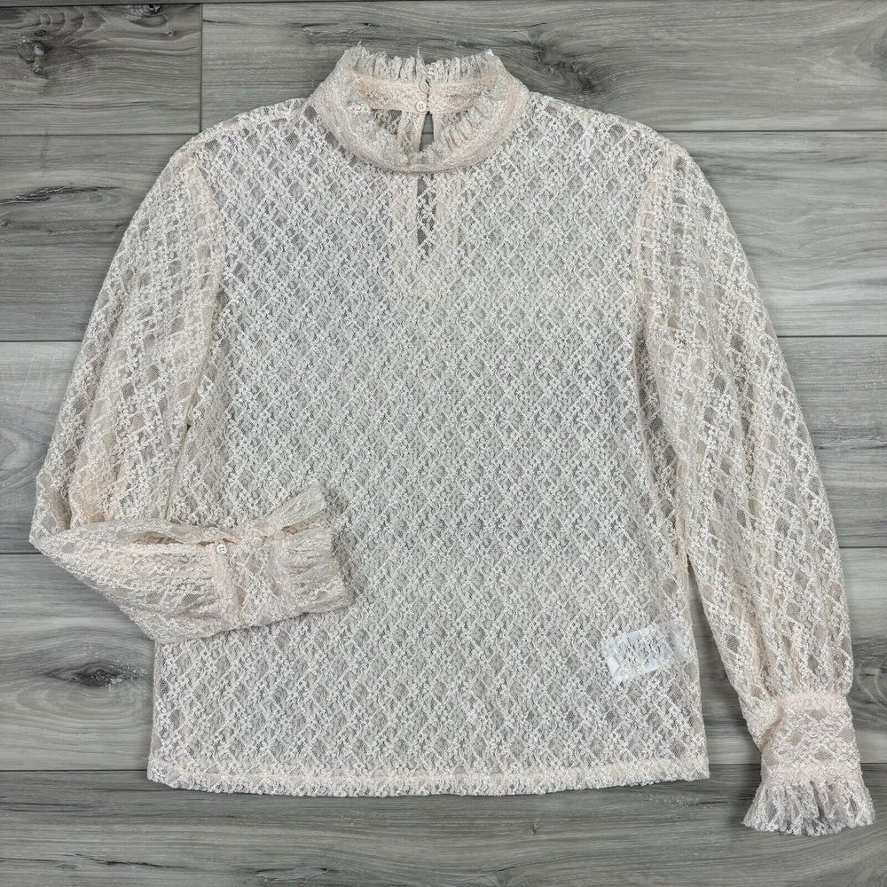 Sandro Paris Women's Cream Lace Eyelet Blouse Mock Neck Ruffle Sleeve Sz 1‎ US S - Picture 2 of 9